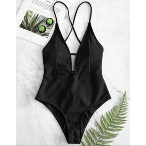 ZAFUL Black Lace Up Ribbed One Piece